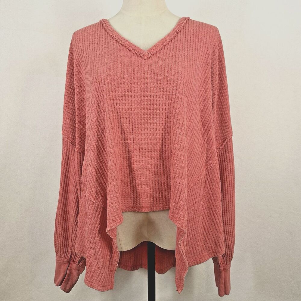 We The Free People Coraline Thermal Tunic Large V Neck Coral Oversized Pullover